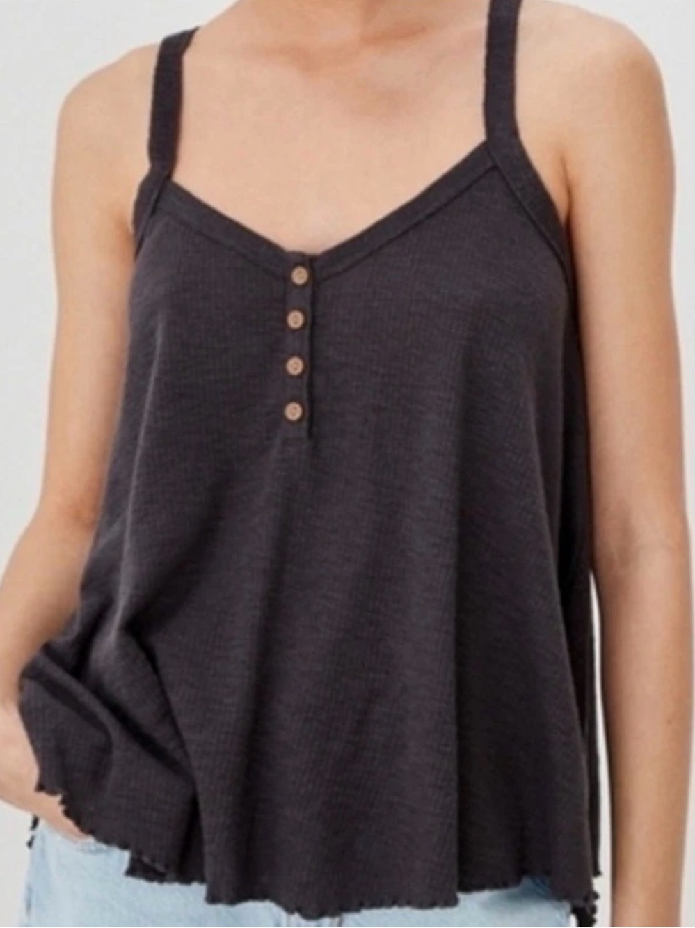 AE Lightweight Grey Flowy Textured Henley Cami Tank Top